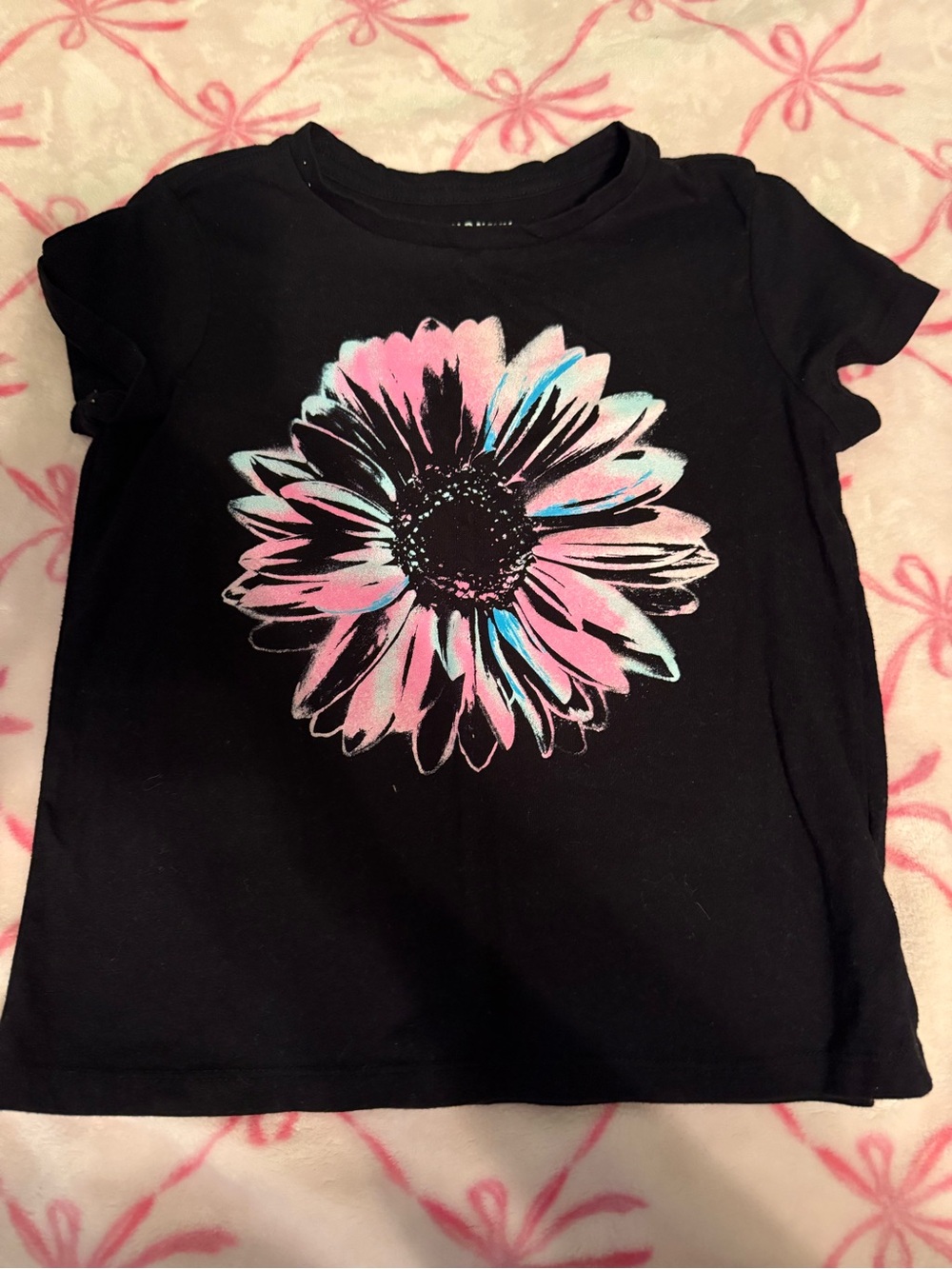Old Navy Black Tee with Pink & Blue Daisy Graphic